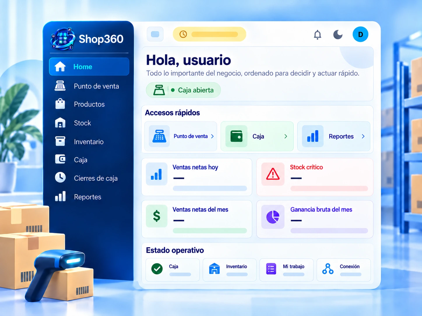 Ilustración conceptual del panel de inicio y sus indicadores de Shop360