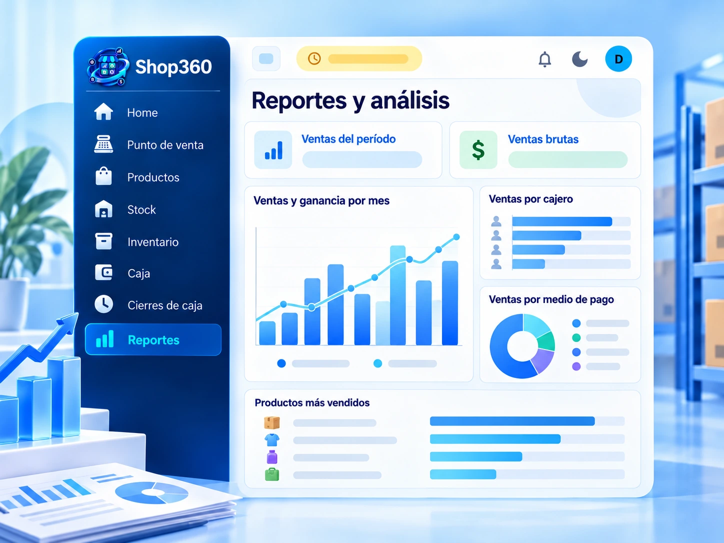 Ilustración conceptual de Reportes y análisis de Shop360