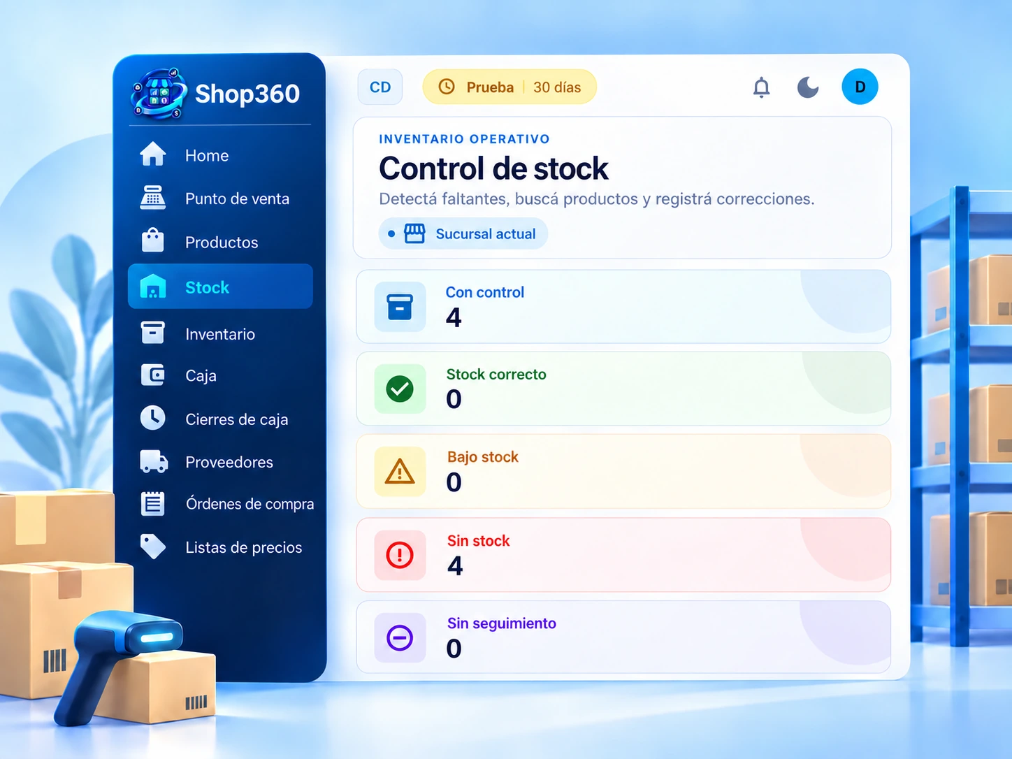 Ilustración conceptual del control de stock inspirada en Shop360